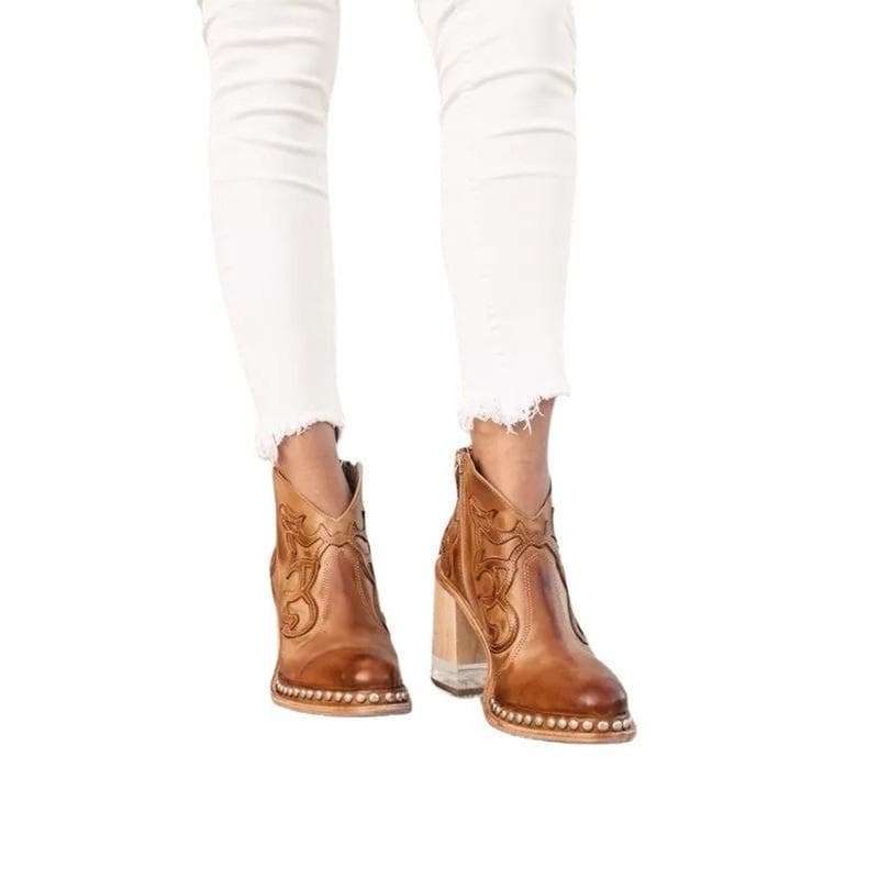 Embroidered Fashion Boots Women Rivet Crystal High Heels Short Boots Ankle Boots 42 auburn