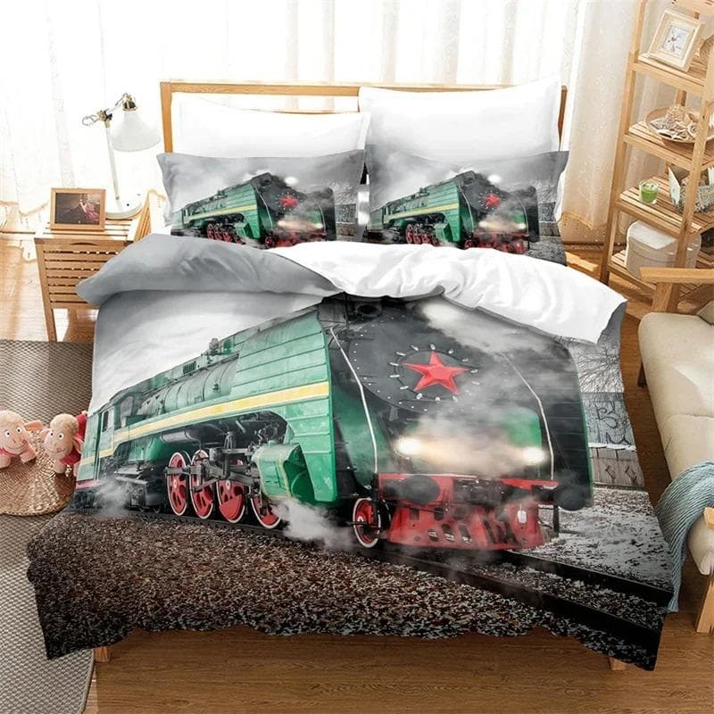 Train Duvet Cover Full Size Boys Steam Engine Bedding Set Microfiber 3D Rail Vehicles Comforter Cover For Kids Teens Room Decor EU Single 135x200cm