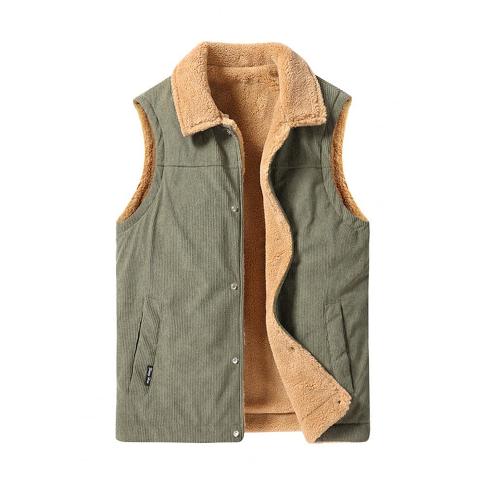 Men Winter Waistcoat Velvet Lining Corduroy Vest Coat Lapel Sleeveless Single-Breasted Thickened Vest with Pockets XL army green