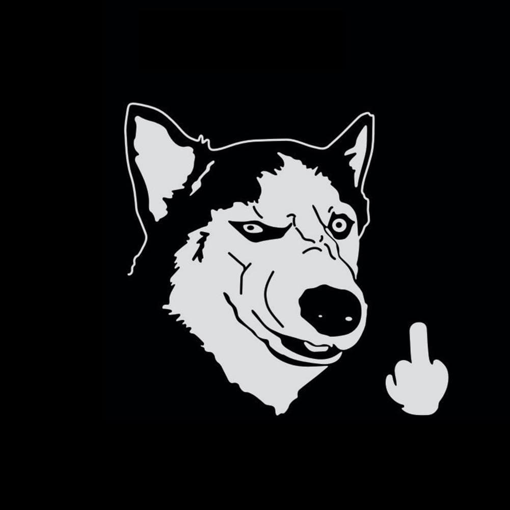 DYS Auto Shop Funny Cool Serious Husky Dog Flipping Finger Car Truck SUV Laptop Sticker Decal white