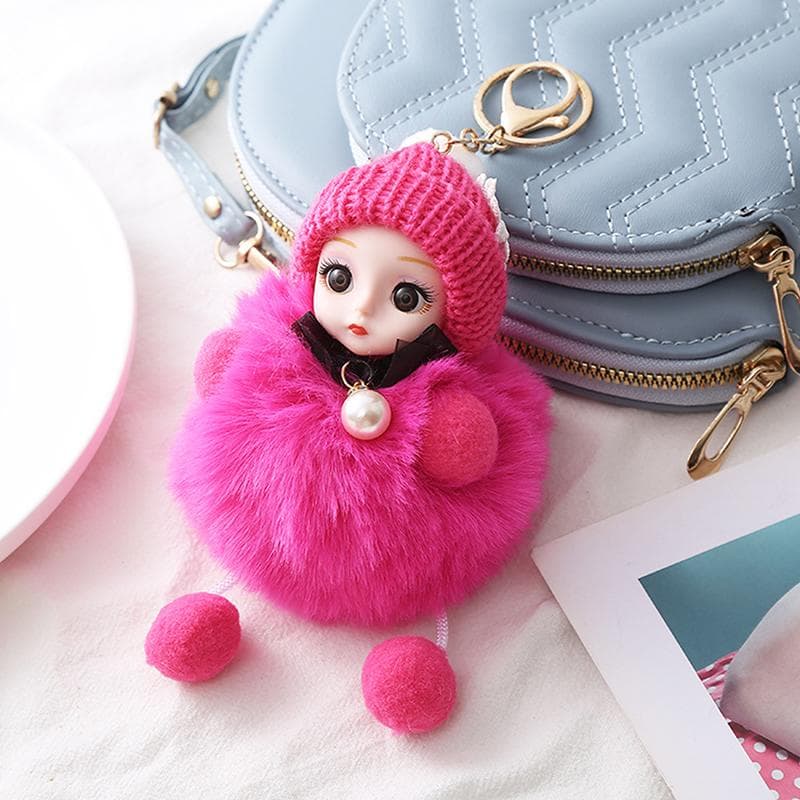 Cute Plush Keychain Imitation Rex Rabbit Fur Ball Keyring Big Eye Doll Pendant Car Bag Charm rose red