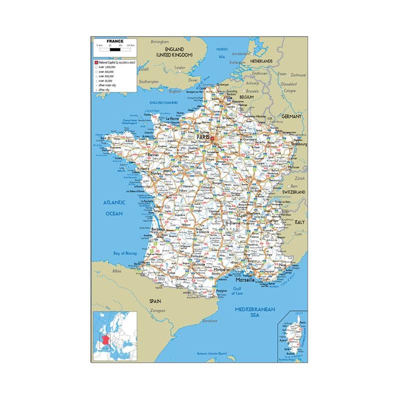 English-French Maps-Road Maps Painting Wall Art Poster Living Room Home Decoration School Travel Supplies 42*59cm