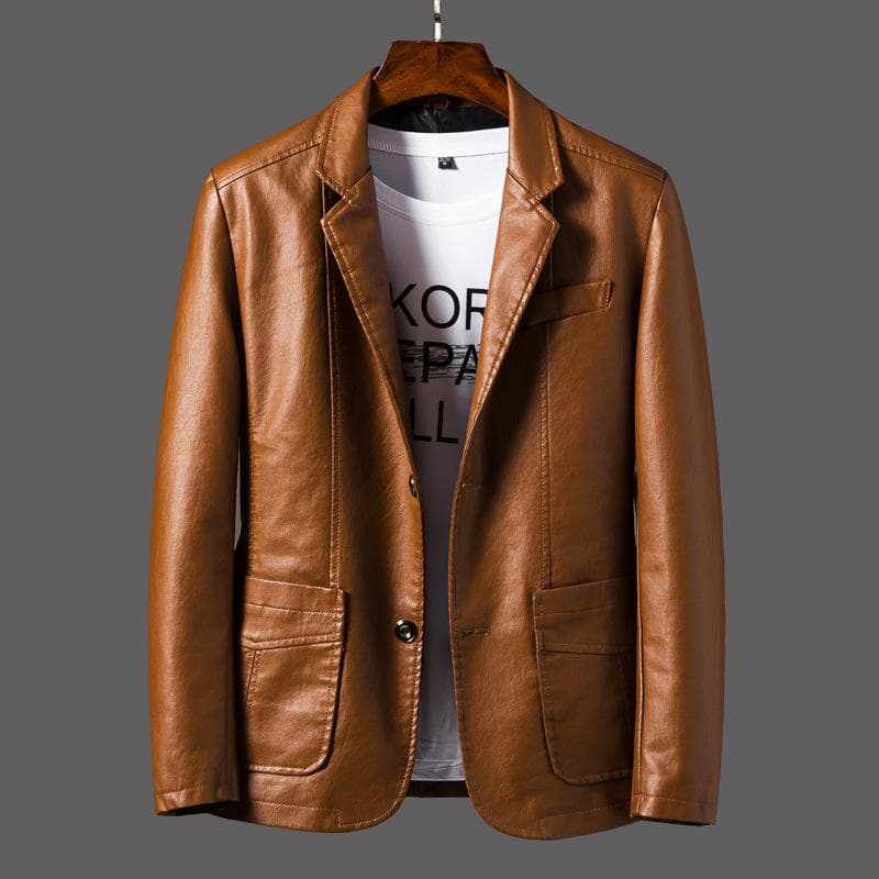 Men's Leather Jackets Lapel Business Leather Jackets Men Pu Blazers Korean Style Slim Fashion Leather Coat 6XL khaki