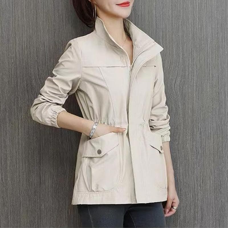 Double Layer Women Windbreaker Spring Autumn Short Coat Fashion Plus Size Stand-Up Collar Ladies Jacket L beige