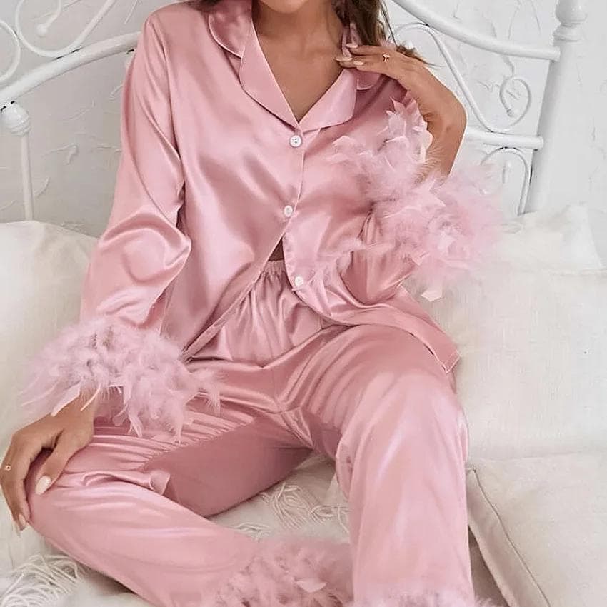 Ice Silk Pajamas for Women Feather Long Sleeve Home Suit Shirt Pants Suit Satin 2 Piece Set Female Button Sleepwear Loungewear M pink