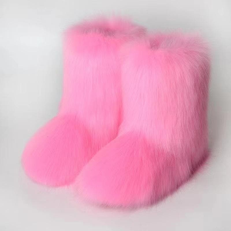Winter Women Fluffy Faux Fox Fur Boots Woman Plush Warm Snow Boots Luxury Footwear Girls Furry Fur Bottes Fashion Winter Shoe 38 pink