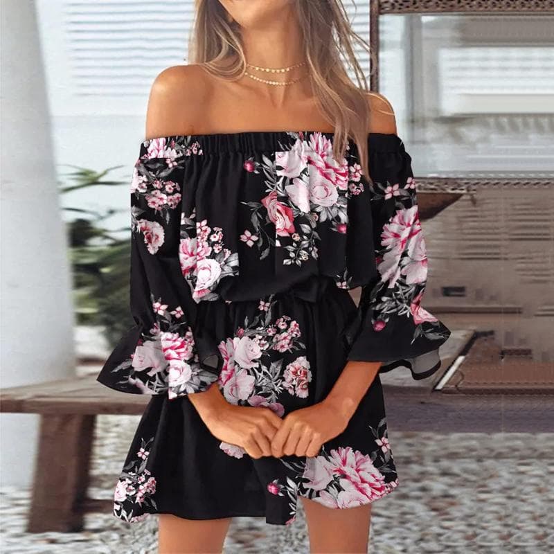 Women Floral Print Mini Dresses Summer Sexy Off Shoulder Flare Sleeve Tunic Dress Female Casual Boho Beach Dress L black