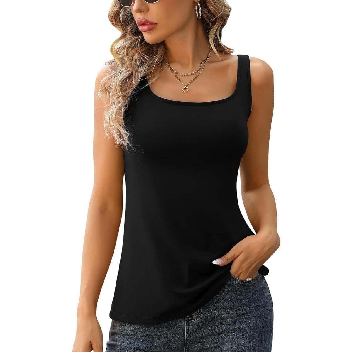 Charmleaks Tank Top for Women with Built-in Padded Bra Adjustable Wide Strap Camisole Cotton Cami Shirts M black