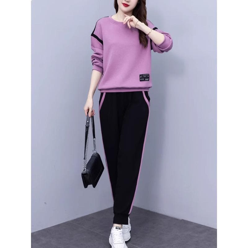 Sports Suit Women's Winter New Foreign Style and Thin Age-reducing Crew Neck Sweater Leggings Two-piece Set 4XL