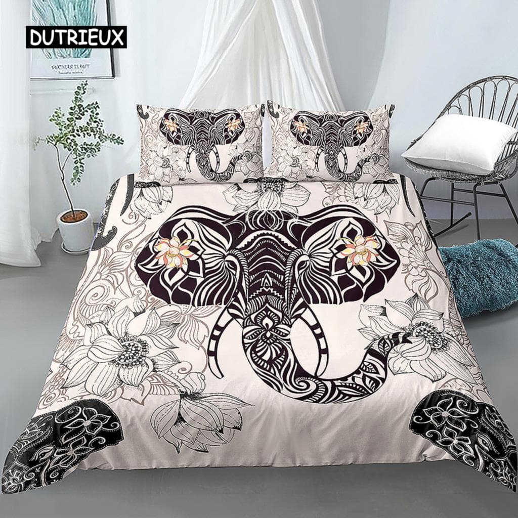 Elephant Duvet Cover Set Bohemian Style Decorative Quilt Cover Set Soft Microfiber Double Queen King Size Polyester Bedding Set AU Double(180x210cm)