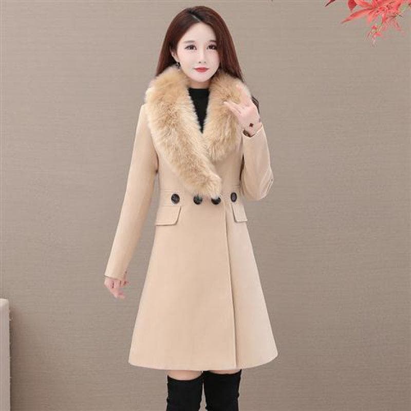 Thick Woolen Women's Coat Autumn and Winter Long Coat with Fur Collar S