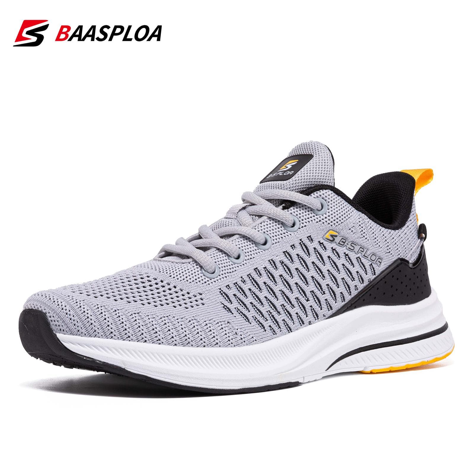 Baasploa Men Shoes Knit Casual Walking Shoes Breathable Trendy Sneakers Original Light Shock Absorption Male Tennis Shoes 45 light grey
