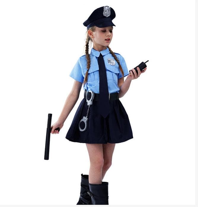 Girl's Police Officer Costume Cute Cop Playtime Cosplay Uniform Child Halloween Cosplay Outfit 110 blue