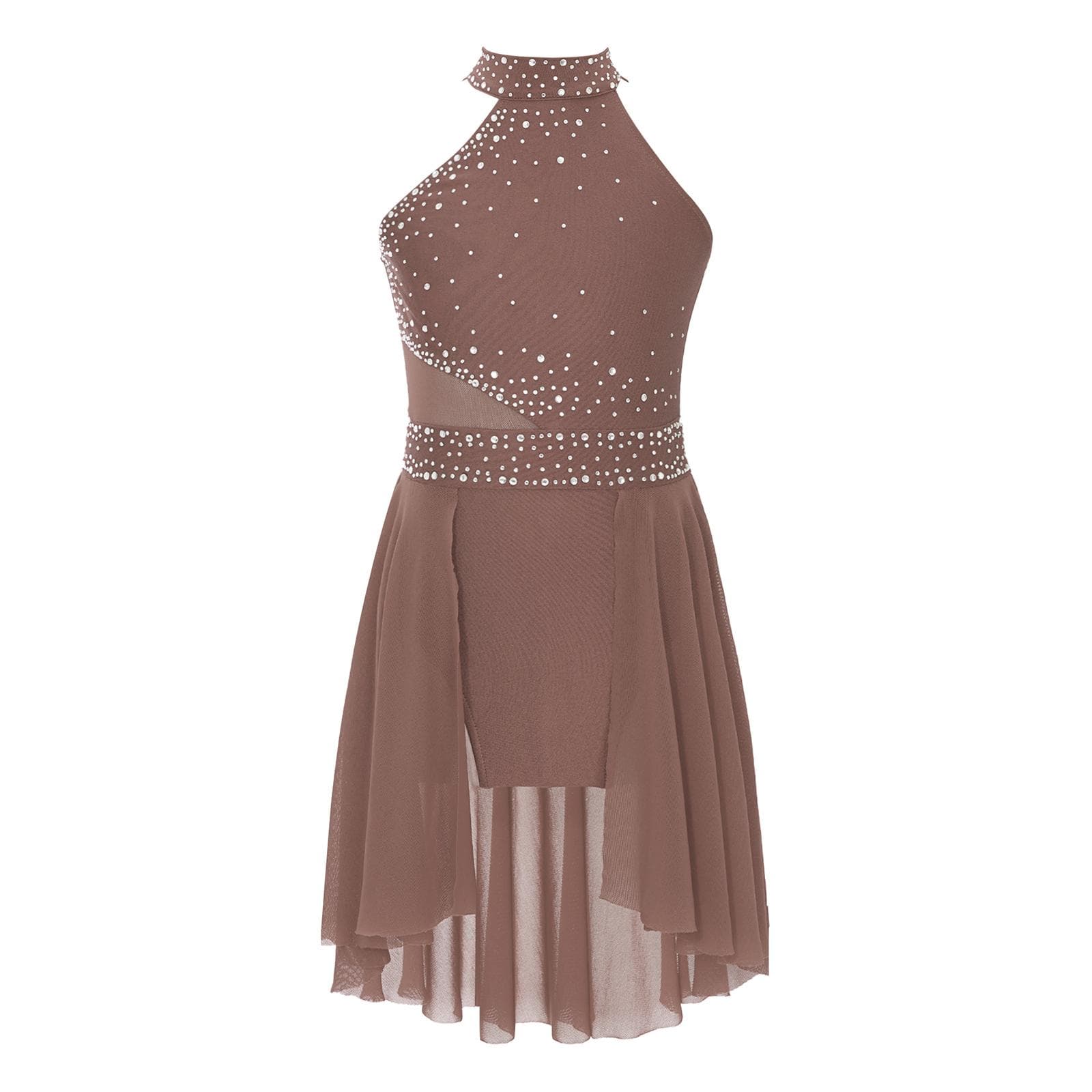 Girls Glittery Rhinestones Leotard Dress Irregular Hem Sleeveless Lyrical Dance Performance Costume 7-8 Years brown