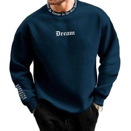Men Fall Winter Sweatshirt Round Neck Long Sleeve Letter Print Long Sleeve Thick Loose Soft Warm Mid Length Men Casual Top M navy blue