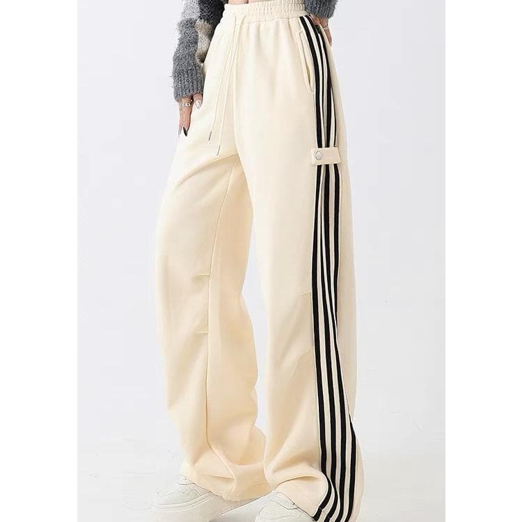 American Vintage High Waist Sports Casual Pants Versatile High Street Sweatpants Loose Striped Wide Leg Pants M khaki