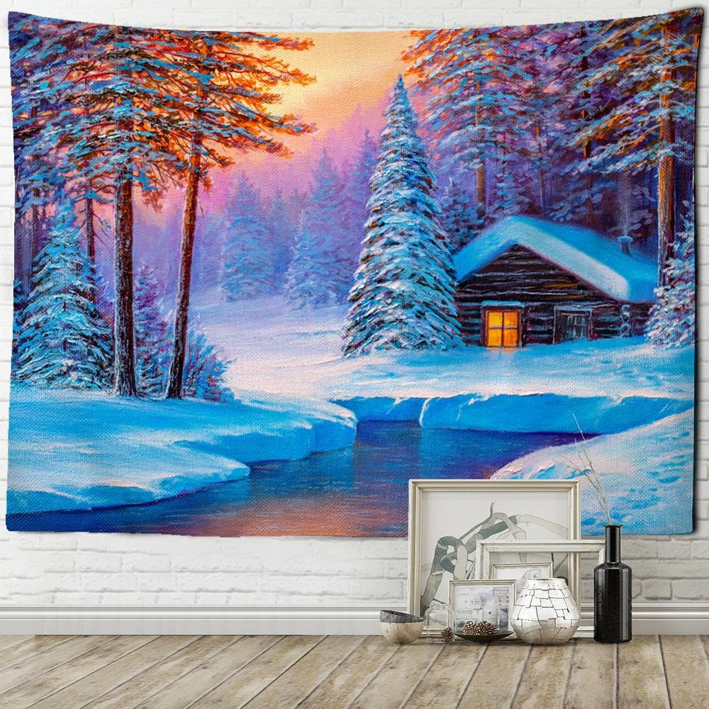 Christmas Tree Snow Scene Oil Painting Tapestry Wall Hanging Bohemian Style Hippie Psychedelic Witchcraft Room Home Decor 320x182cm