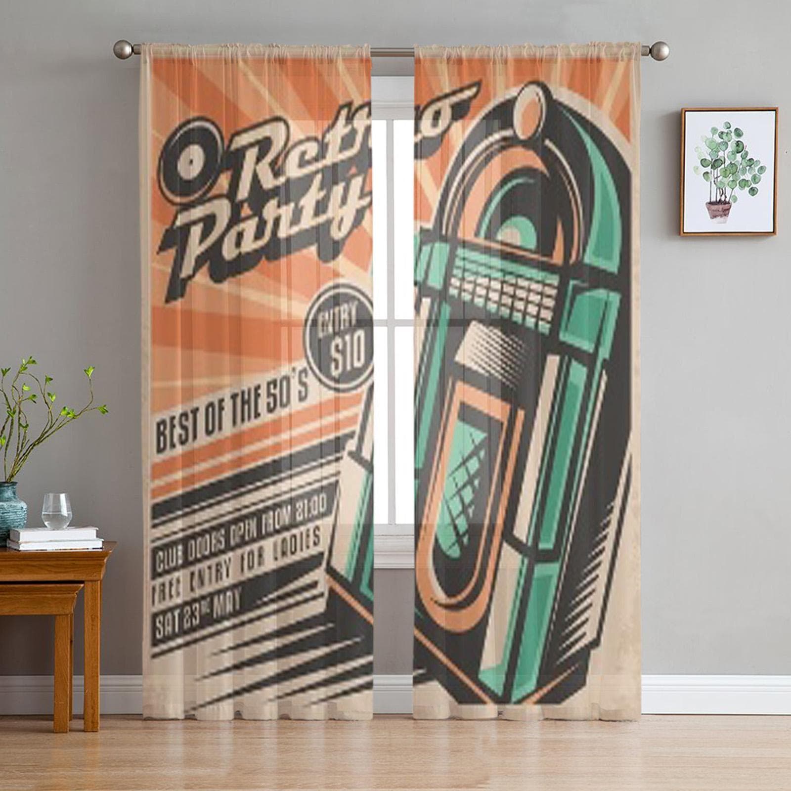 Retro Party Invitation Design Chiffon Sheer Curtains for Living Room Bedroom Kitchen Decoration Window Voiles Tulle Curtain 135W x 114H(cm)