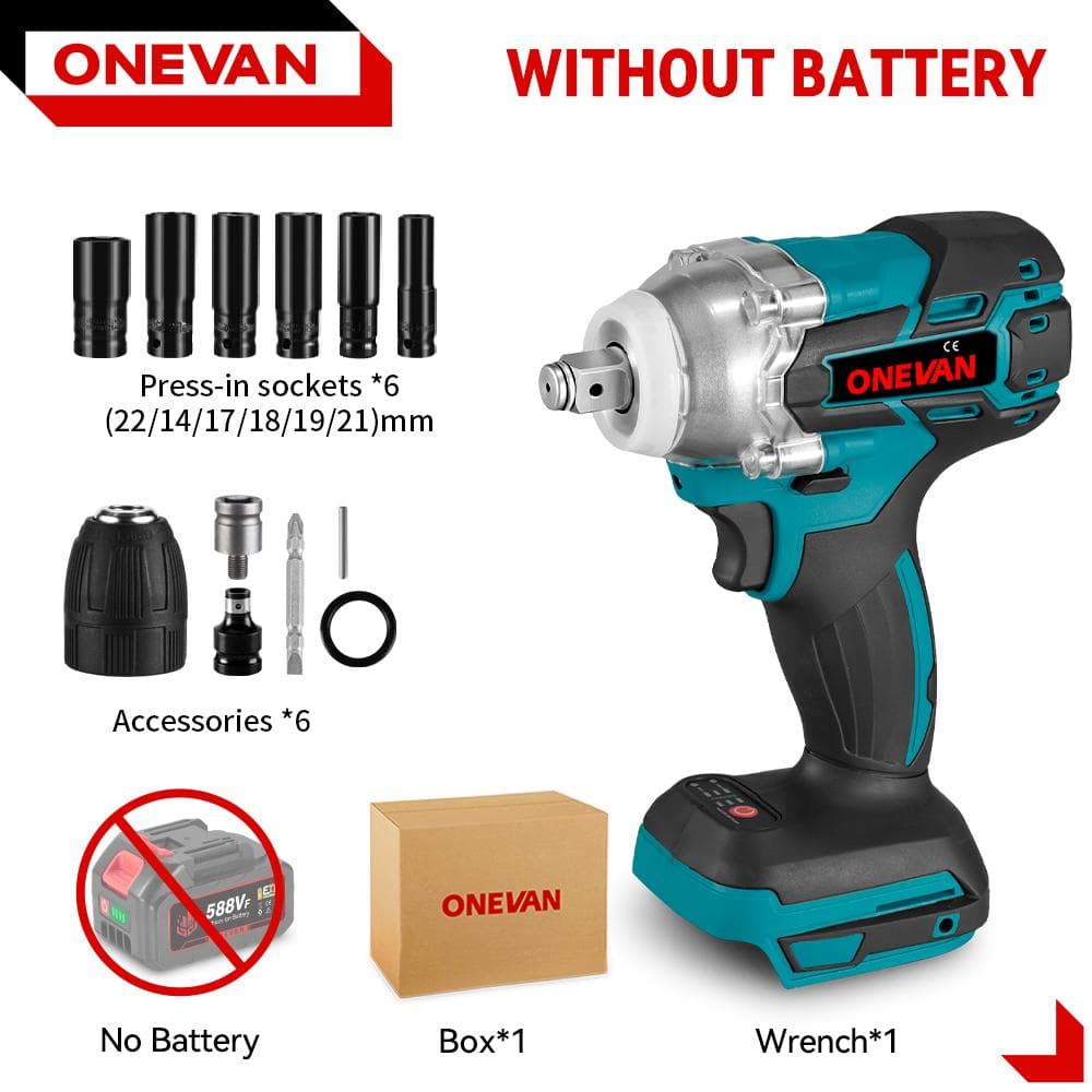 ONEVAN 520N.M Brushless Electric Impact Wrench 1/2 inch Cordless Hexs Socket Kit Screwdriver Power Tool For Makita 18V Battery No Battery-12pcs Set