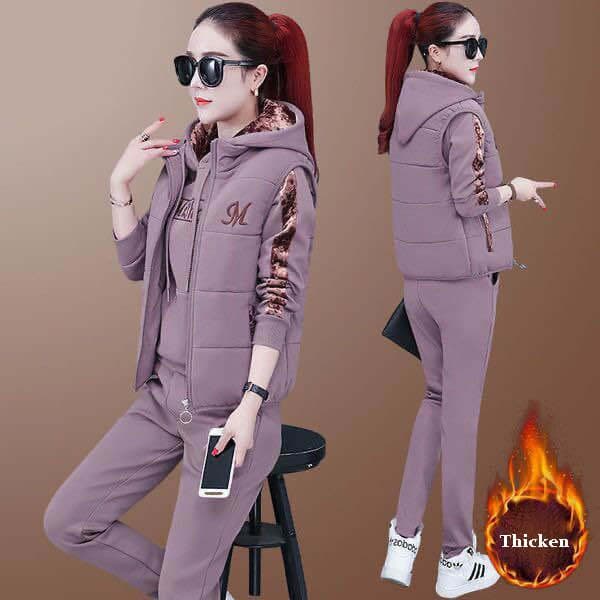 3 Piece Set Women Suit Tracksuit Winter Hoodies+Vest+Pants Track Suit Plus Velvet Warm Sporting Suits Female Clothes 8110924 S purple