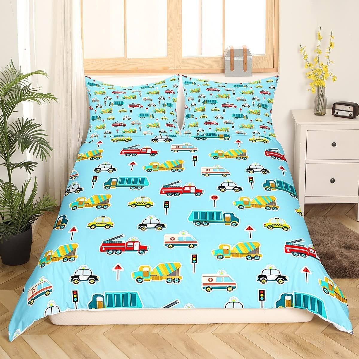 Policeman Car King Queen Duvet Cover Cartoon Black Police Car Bedding Set Boys Red Blue Cop Lights 2/3pcs Polyester Quilt Cover 228x228cm 3pcs