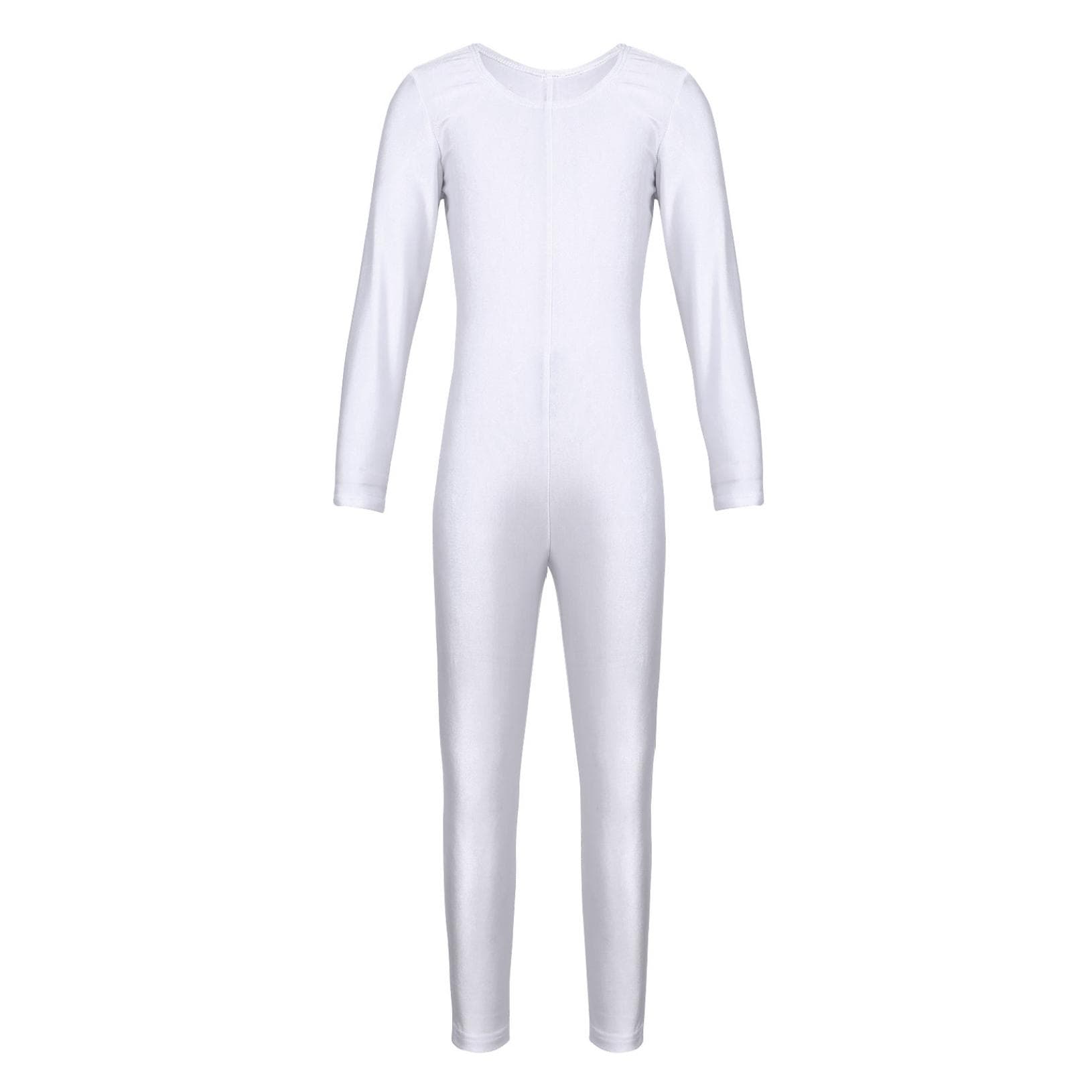 Kids Girls Long Sleeve Ballet Dance Gymnastics Leotard Jumpsuit Unitard Solid Color Zipper Stretchy Bodysuit 13-14 Years white