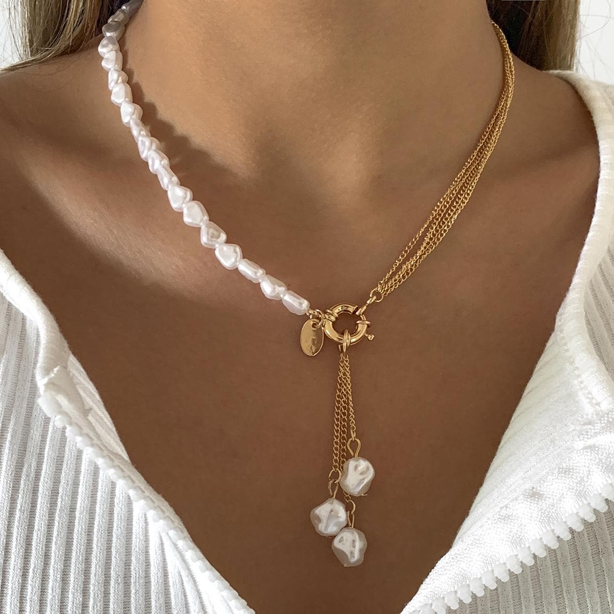 Baroque Simulated Pearls Long Tassel Pendant Necklace For Women Beaded Link Chain NecklaceTrend Wedding Jewelry