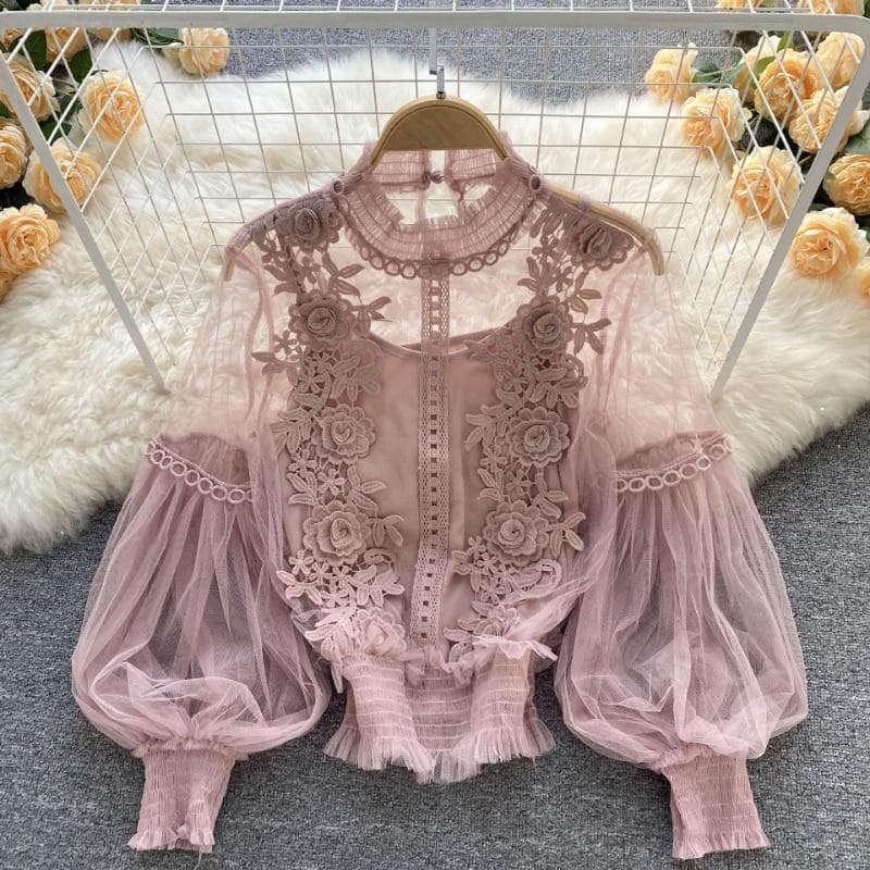 Elegant Floral Mesh Long Sleeve Short Blouse Sweet Women Lantern Sleeve Lace Shirts Ladies See Through Mesh Blouse Tops 25914 One Size pink