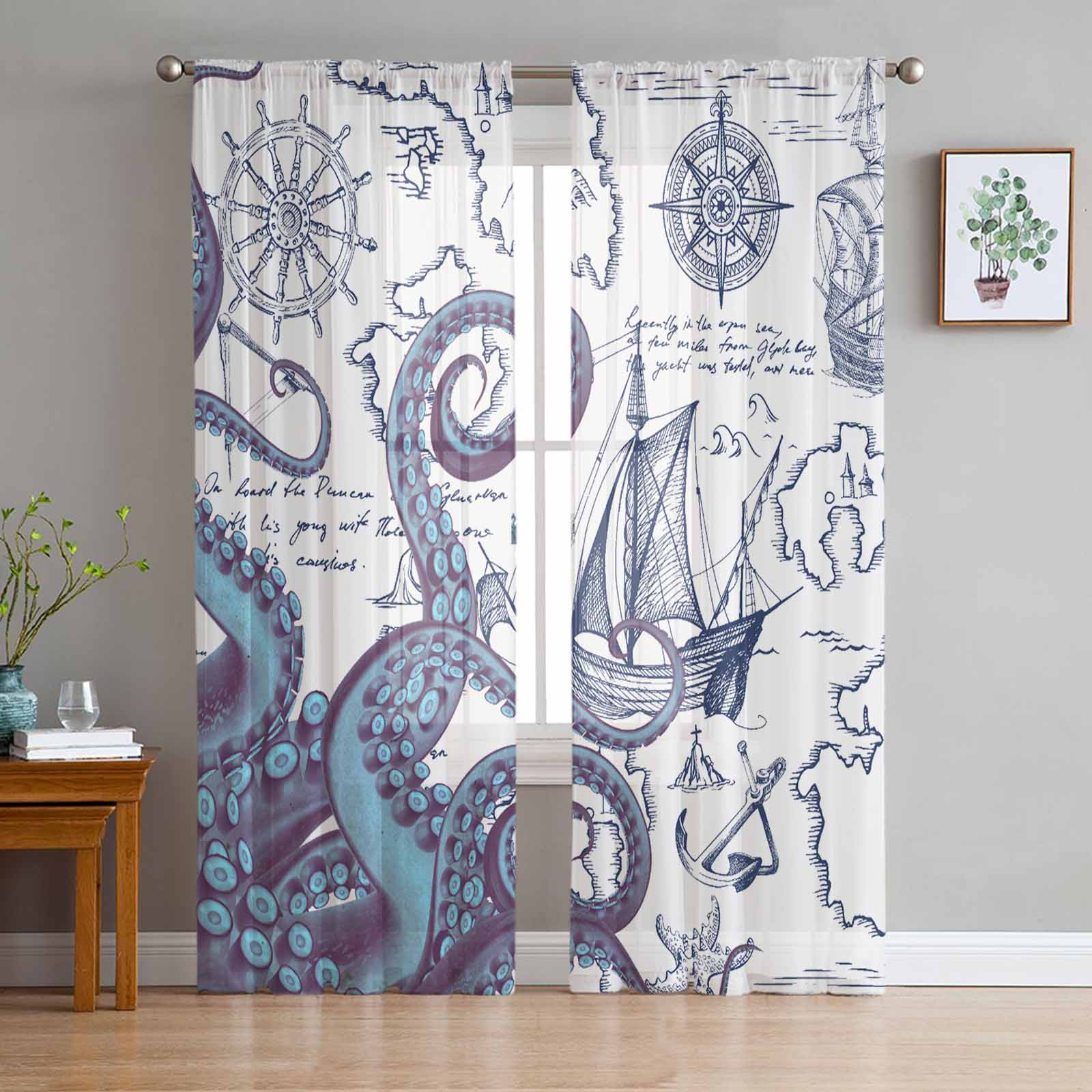 Pirate Ship Navigation Chart Octopus Tentacles Bedroom Curtains Tulle Sheer Curtain Living Room Home Decor Voile Drapes 135W x 114H(cm)