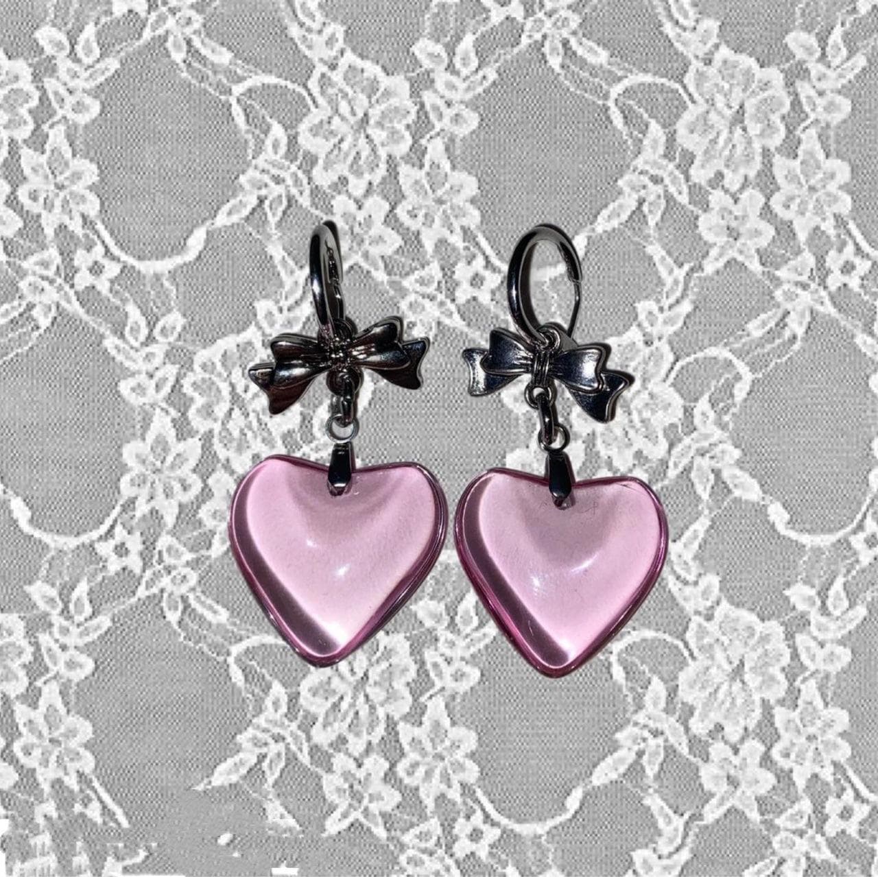 Sweet Cool Harajuku Red Glass Love Heart Dangle Earrings for Women Hot Girls Gifts Y2k Punk Bowknot Earings Korean Accessories pink
