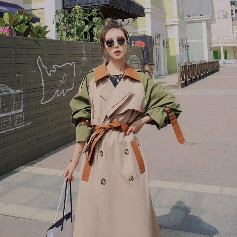 Women's Three-color Lapel Double-breasted Waist-tie Mid-length Windbreaker Jacket for Women In Autumn L