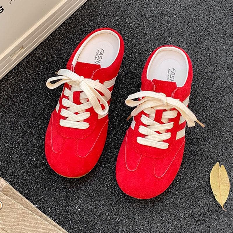 Womens Low Top Striped Casual Skateboard Shoes Lace Up Slip on Summer Baotou Half Slippers 35 red