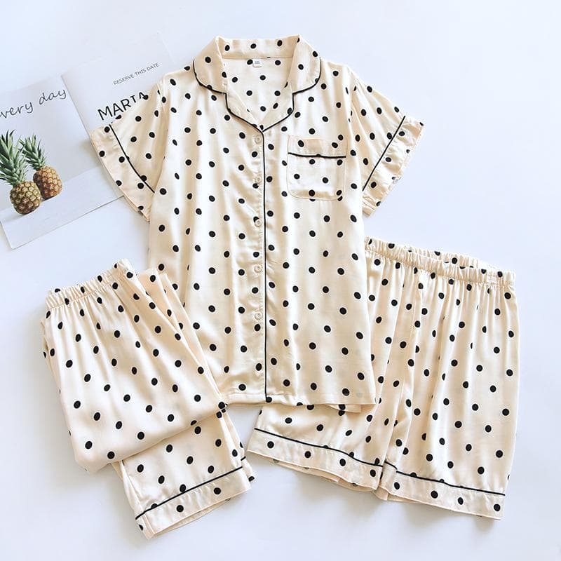 New Women's Pajama Set with Viscous Fiber Short Sleeves, Shorts, and Pants Three Piece Set of Dotted Home Furnishings 2XL