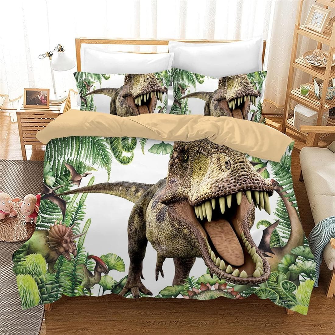 Cartoon Dinosaurs Bedding Set 3D Dino Cover for Boys Children Lovely Animal World Bedroom Decor Child Gift 155x220cm-3pcs