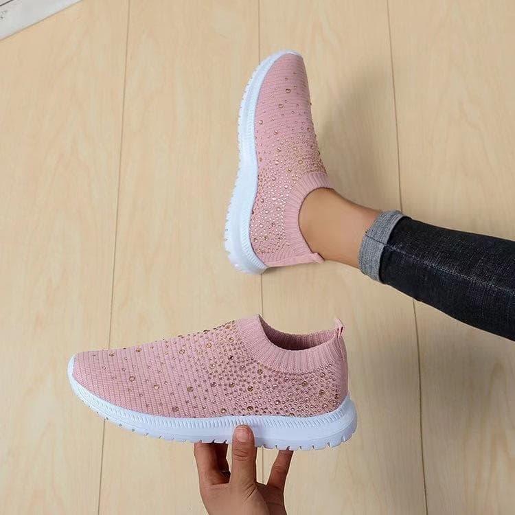 Fashionable Women's Lightweight Breathable Mesh Elastic Casual Shoes Striped Rainbow Rhinestone Shoes 39 pink