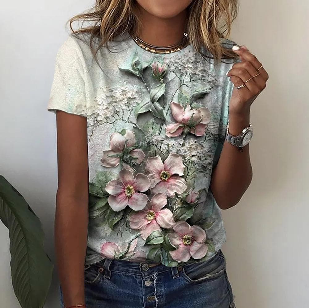 T Shirt For Women's Clothes Fashion Tops For Woman 3D Flower Print Female Short Sleeve Summer Women's T-shirt Plus Size Tees 3XL