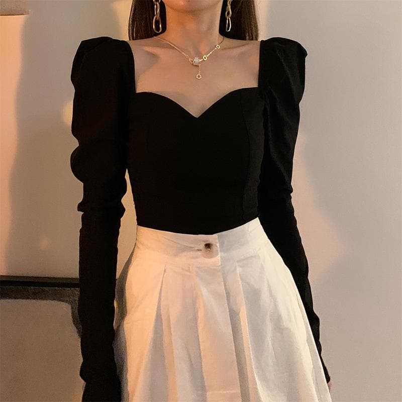 Vintage Square Collar Puff Sleeve Women Blouse Black Sexy Elegant Temperament Long Sleeve Top Spicy Girl V-neck Casual Ssummer XXL black