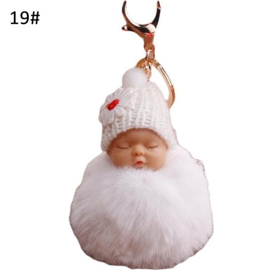 VANA Shop Cute Sleeping Baby Fluffy Pompom Plush Doll Hanging Pendant Key Ring Keychain one size white