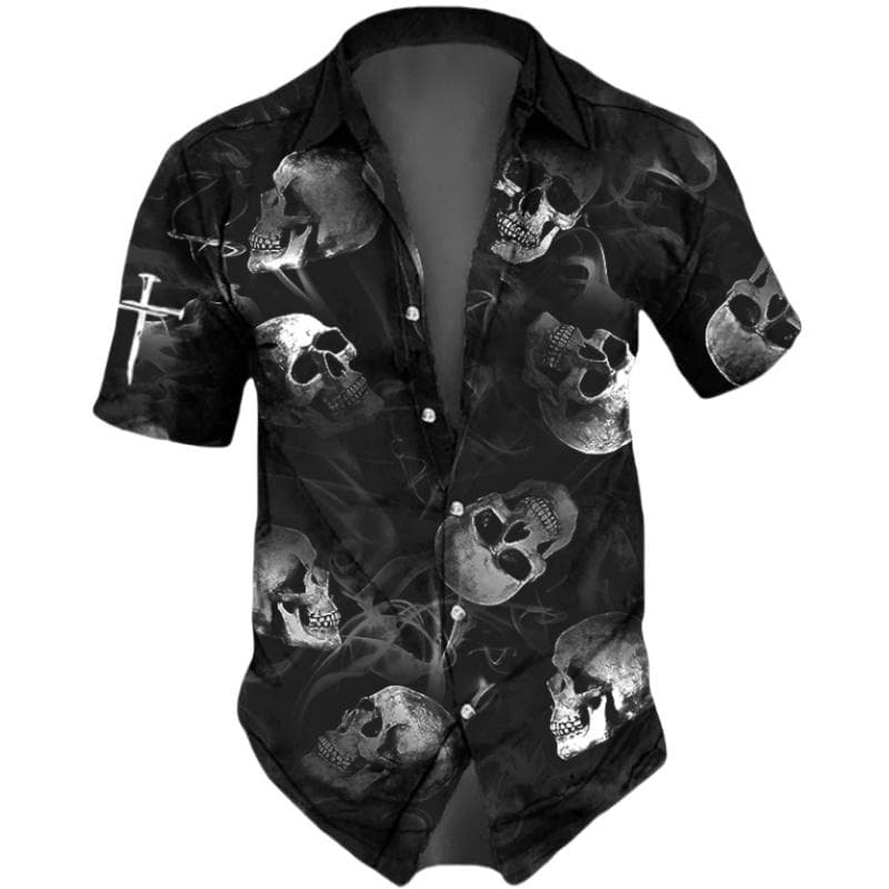 Horror Skulls Print  Men's Shirts Summer Hip Hop Style Short Sleeve Lapel Shirts For Men Streetwear Hawaiian Beach Holiday Shirt L