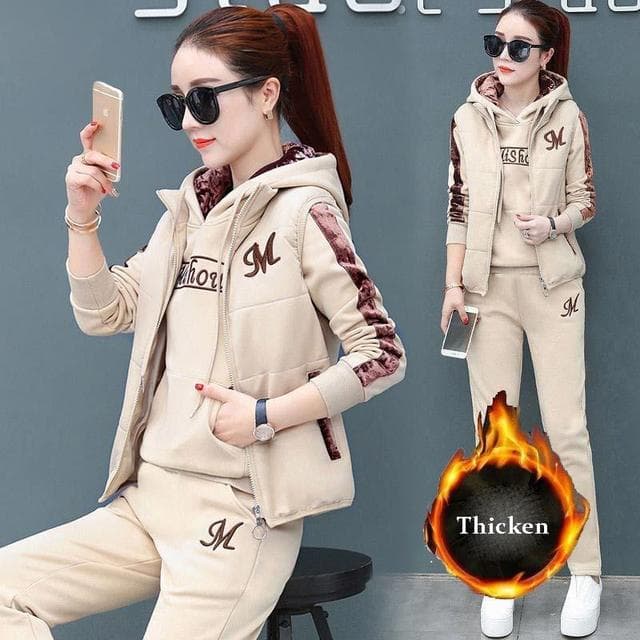 3 Piece Set Women Suit Tracksuit Winter Hoodies+Vest+Pants Track Suit Plus Velvet Warm Sporting Suits Female Clothes 8110924 L47.5-55kg beige