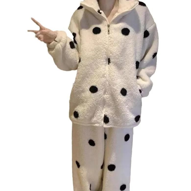 Print Dot Turtleneck Pajamas Set Coral Fleece Women Winter Casual Sleepwear Loungewear Trouser Suit Pyjama Warm Flannel Homewear 2XL