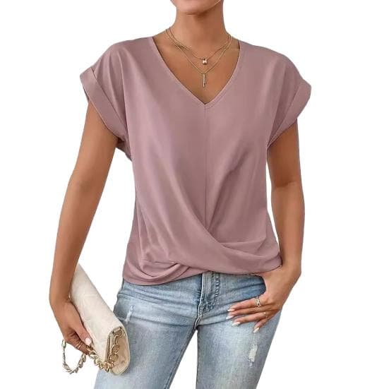 Women Tops V-Neck Short Sleeve Wrinkle Design Tee Shirt Solid Color Loose Fit Cross-Pleated Tops Daily Wear S