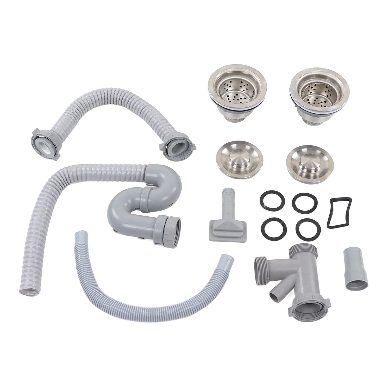 Kitchen Sink Drainer Pipe Stainless Steel S Bent with Double Drains Sewer Pipe Set for Bathroom