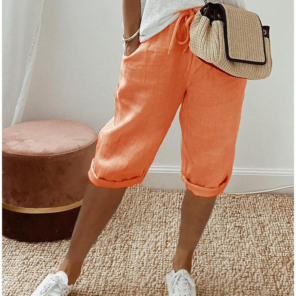 Women Shorts Vintage Style Knee-length Pants with Pockets for Women Breathable Elastic Waist Trousers Solid Colors Five Pants L orange