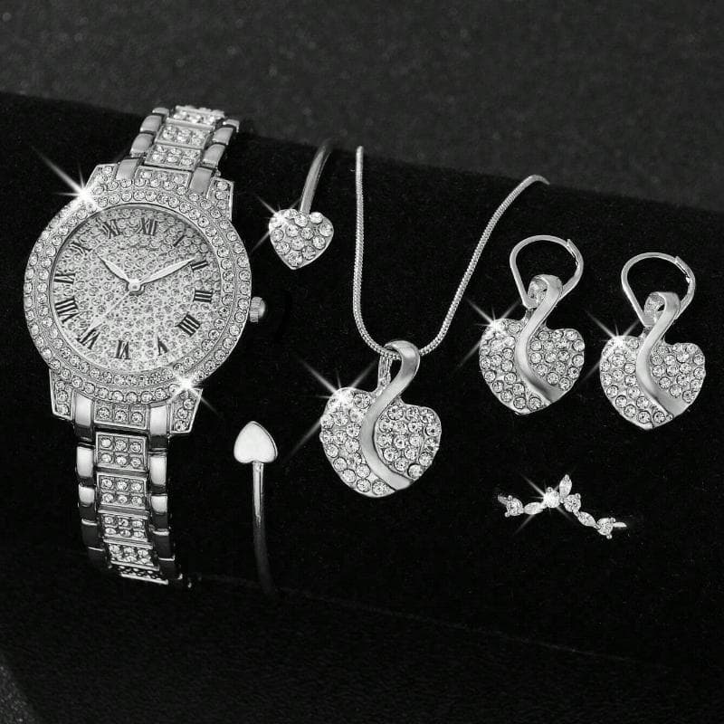 6 Pcs/Set Women's Watches, Luxury Rhinestone Quartz Watch, Roman Fashion Analog Watch and Jewelry Set, Gift for Mom and Her