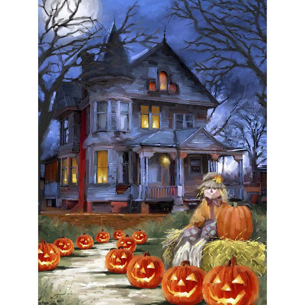5D Diamond Painting Halloween Rhinestone Mosaic Full Round Diamond Embroidery Ancient Castle Pumpkin 20X30CM