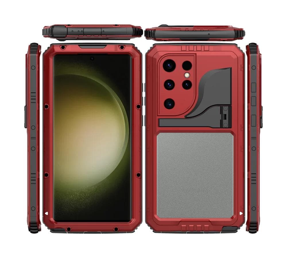 IP68 Waterproof Heavy Duty Metal Phone Case For Samsung S23 Ultra S22 Plus Shockproof Protection Rugged Cover Screen Protector For Galaxy S23 Plus&Case & Holder red
