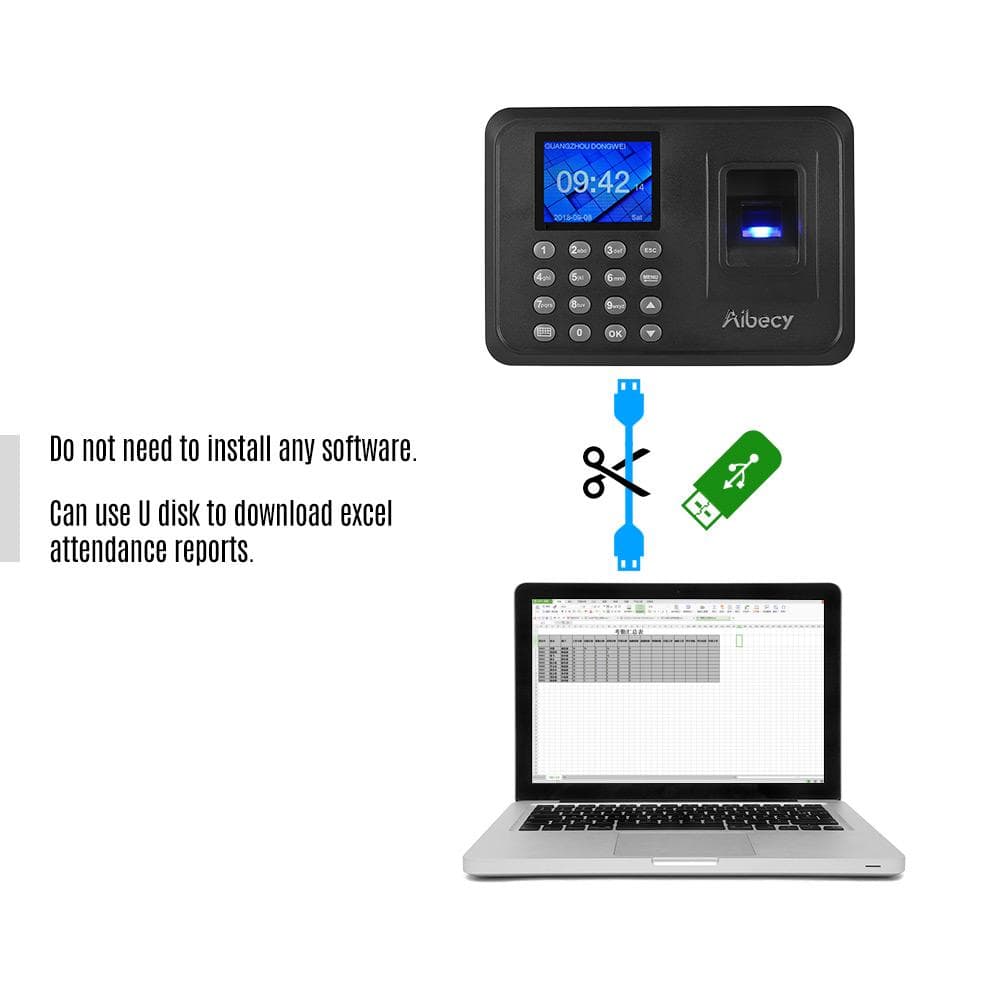 Aibecy Biometric Fingerprint Password Attendance Machine with 2.4 inch LCD Screen Employee US Plug black