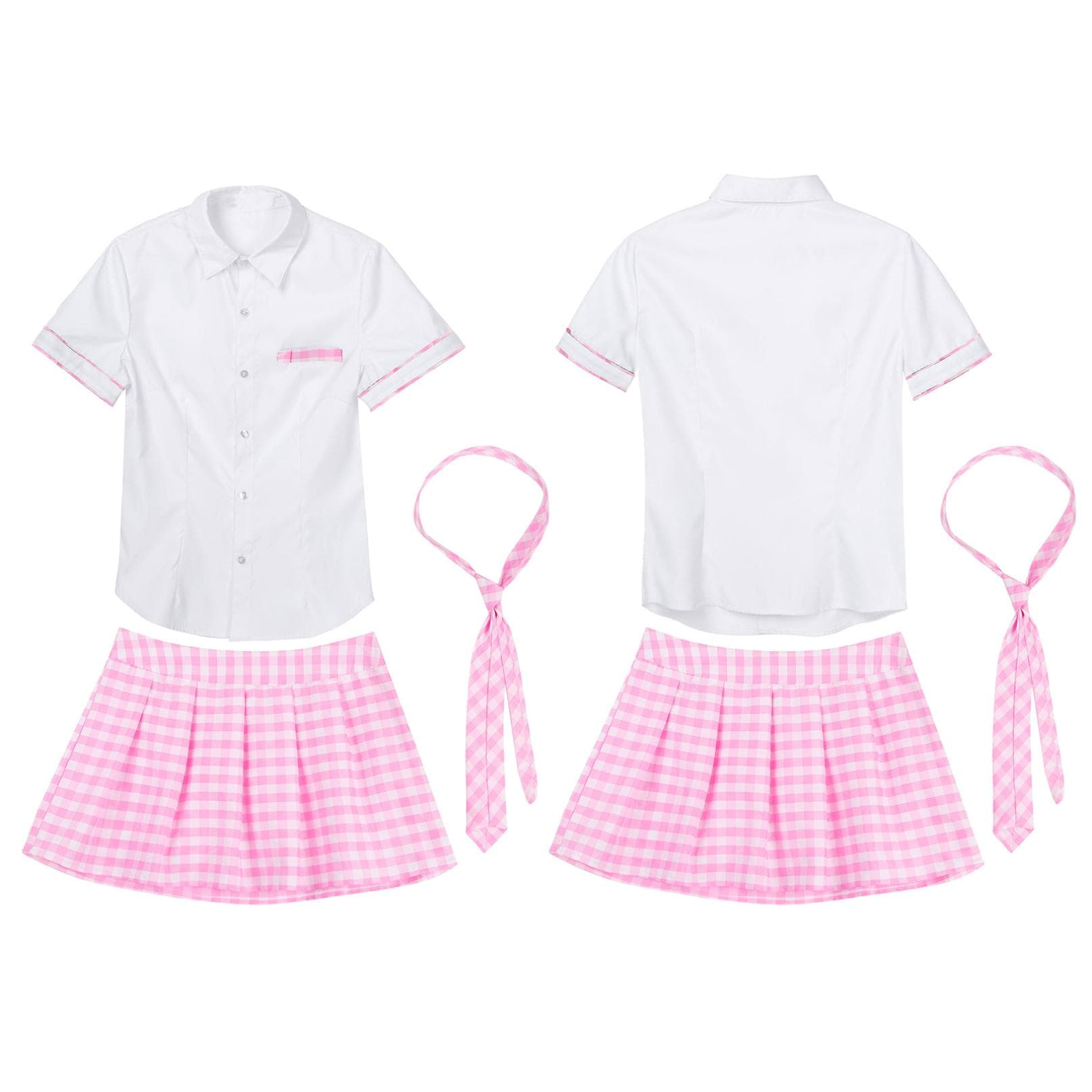 3Pcs Womens Schoolgirl Cosplay Costume School Uniform Short Sleeve Shirt with Plaid Skirt and Tie Set L pink
