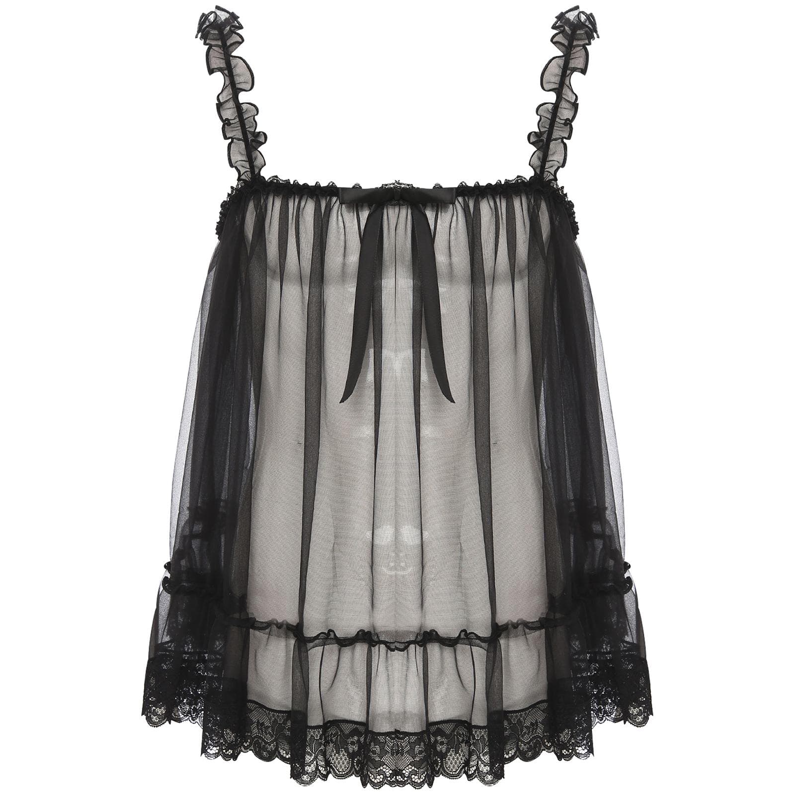 Womens Sheer Mesh Ruffle Strap Camisole Lace Trim See-Through Nightclub Top Bow Accent Sultry Evening Party Slip Blouse XL black